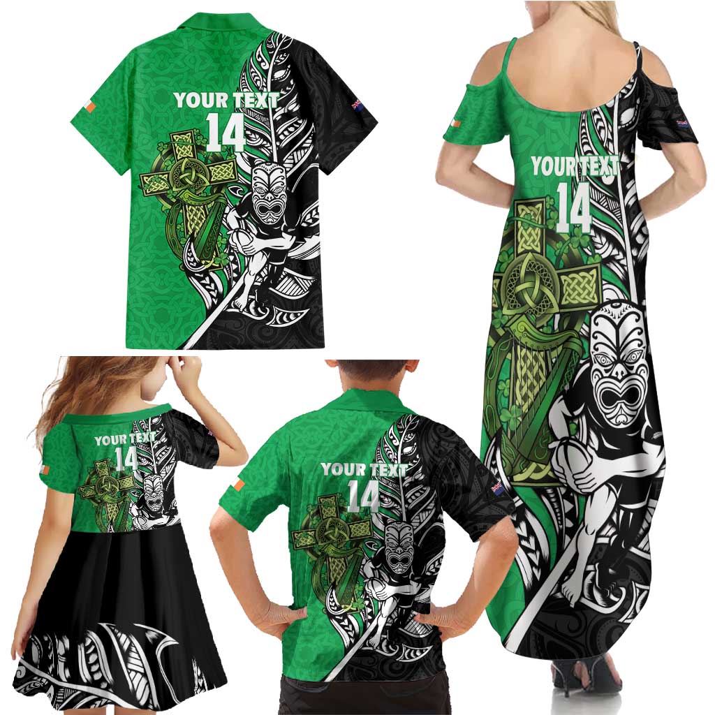 New Zealand and Ireland Rugby Custom Family Matching Summer Maxi Dress and Hawaiian Shirt Maori Tiki Fern Irish Celtic Cross - Polynesian Pride