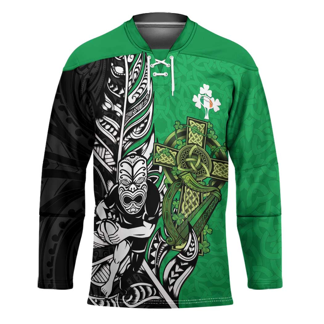 New Zealand and Ireland Rugby Custom Hockey Jersey Maori Tiki Fern Irish Celtic Cross - Polynesian Pride