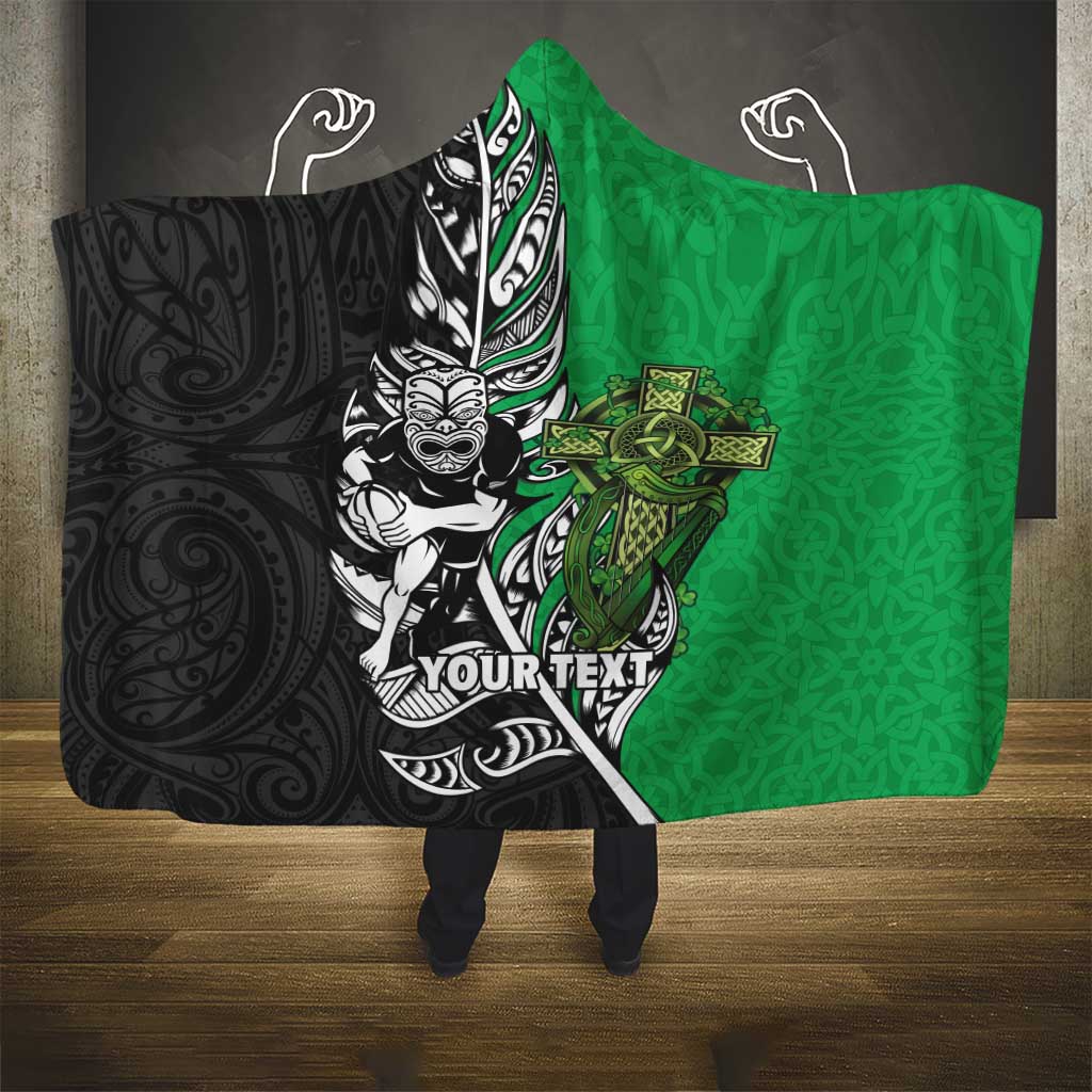 New Zealand and Ireland Rugby Custom Hooded Blanket Maori Tiki Fern Irish Celtic Cross - Polynesian Pride