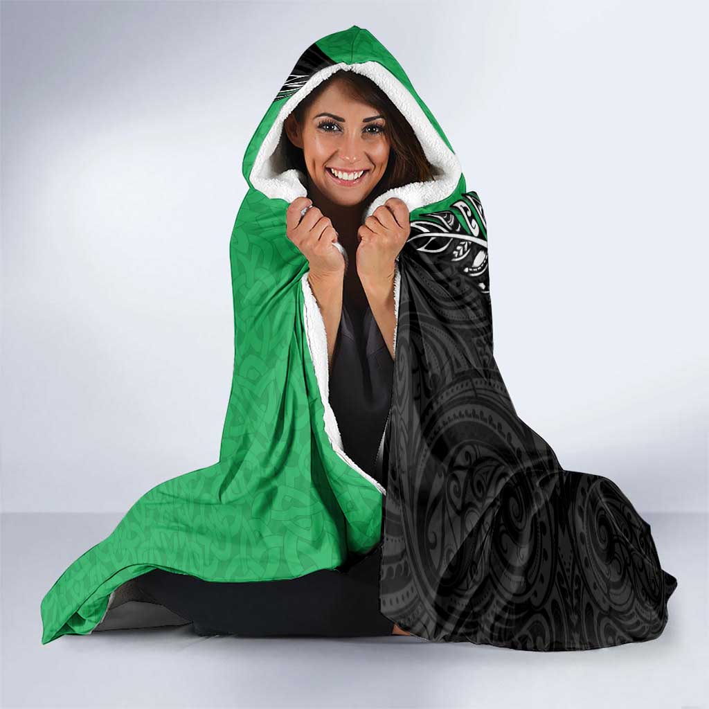 New Zealand and Ireland Rugby Custom Hooded Blanket Maori Tiki Fern Irish Celtic Cross - Polynesian Pride