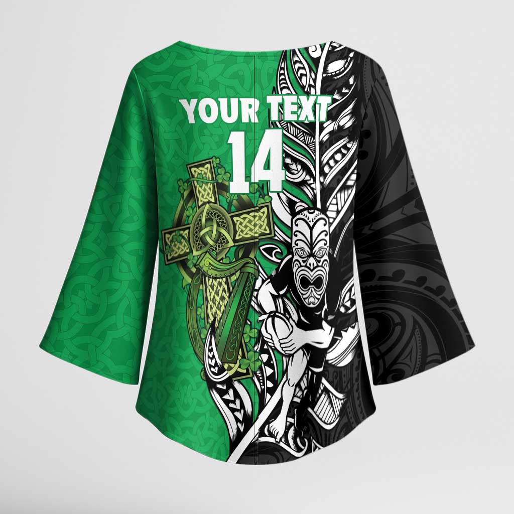 New Zealand and Ireland Rugby Custom Kimono Sleeve Blouse Maori Tiki Fern Irish Celtic Cross - Polynesian Pride