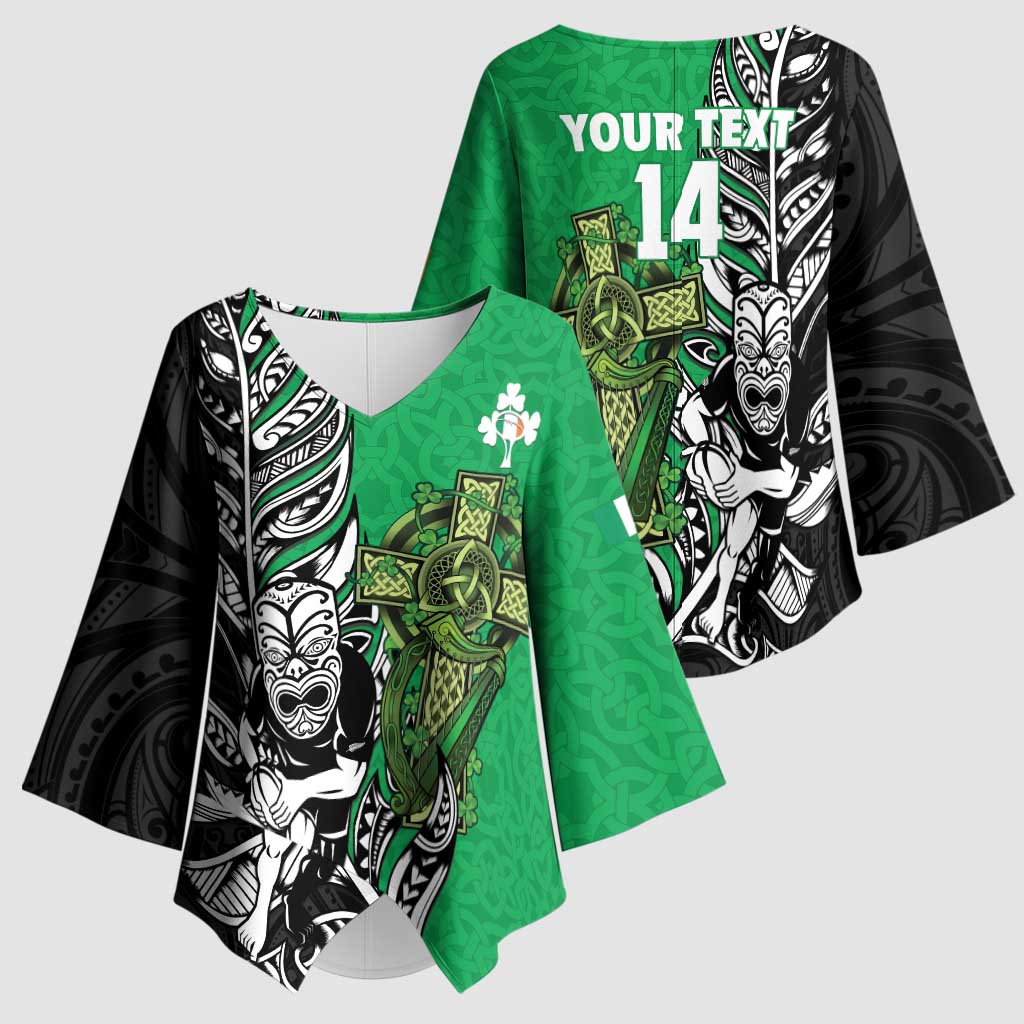 New Zealand and Ireland Rugby Custom Kimono Sleeve Blouse Maori Tiki Fern Irish Celtic Cross - Polynesian Pride