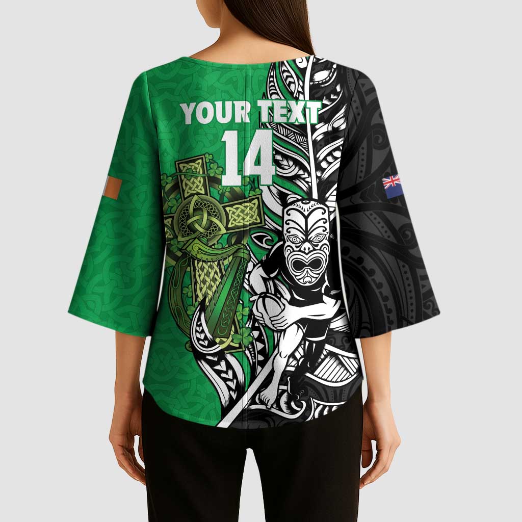 New Zealand and Ireland Rugby Custom Kimono Sleeve Blouse Maori Tiki Fern Irish Celtic Cross - Polynesian Pride