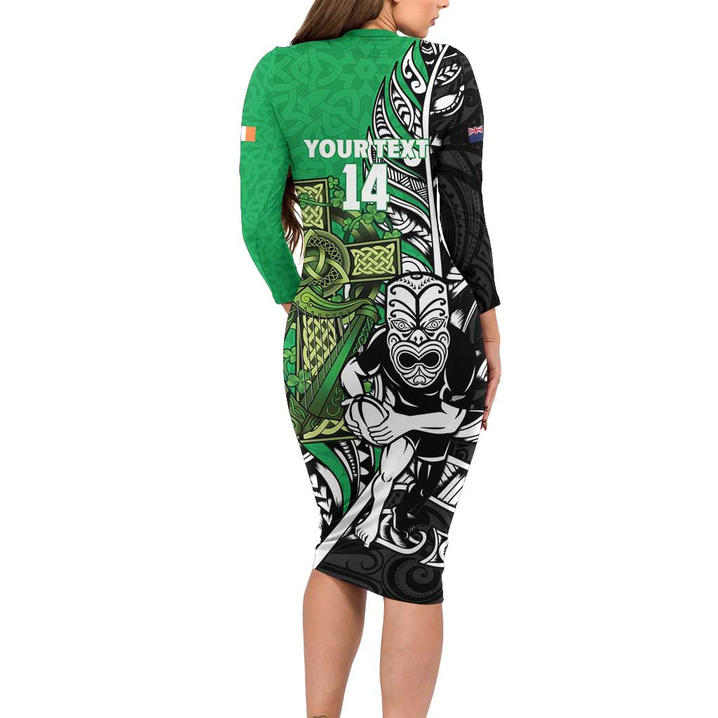 New Zealand and Ireland Rugby Custom Long Sleeve Bodycon Dress Maori Tiki Fern Irish Celtic Cross - Polynesian Pride