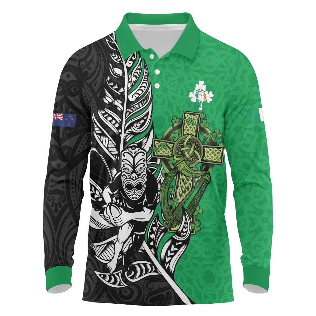 New Zealand and Ireland Rugby Custom Long Sleeve Polo Shirt Maori Tiki Fern Irish Celtic Cross - Polynesian Pride