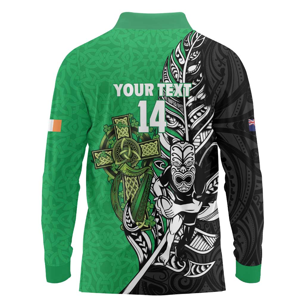 New Zealand and Ireland Rugby Custom Long Sleeve Polo Shirt Maori Tiki Fern Irish Celtic Cross - Polynesian Pride