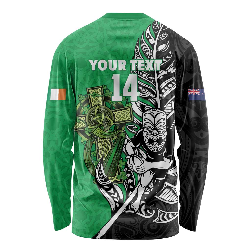 New Zealand and Ireland Rugby Custom Long Sleeve Shirt Maori Tiki Fern Irish Celtic Cross - Polynesian Pride