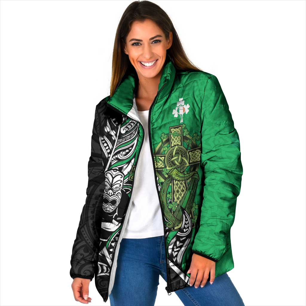 New Zealand and Ireland Rugby Custom Padded Jacket Maori Tiki Fern Irish Celtic Cross - Polynesian Pride