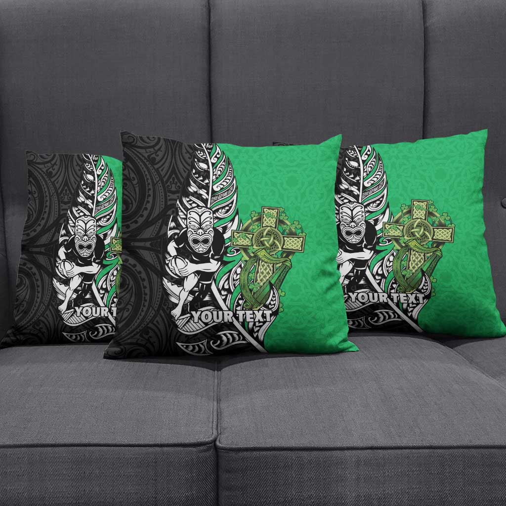 New Zealand and Ireland Rugby Custom Pillow Cover Maori Tiki Fern Irish Celtic Cross - Polynesian Pride