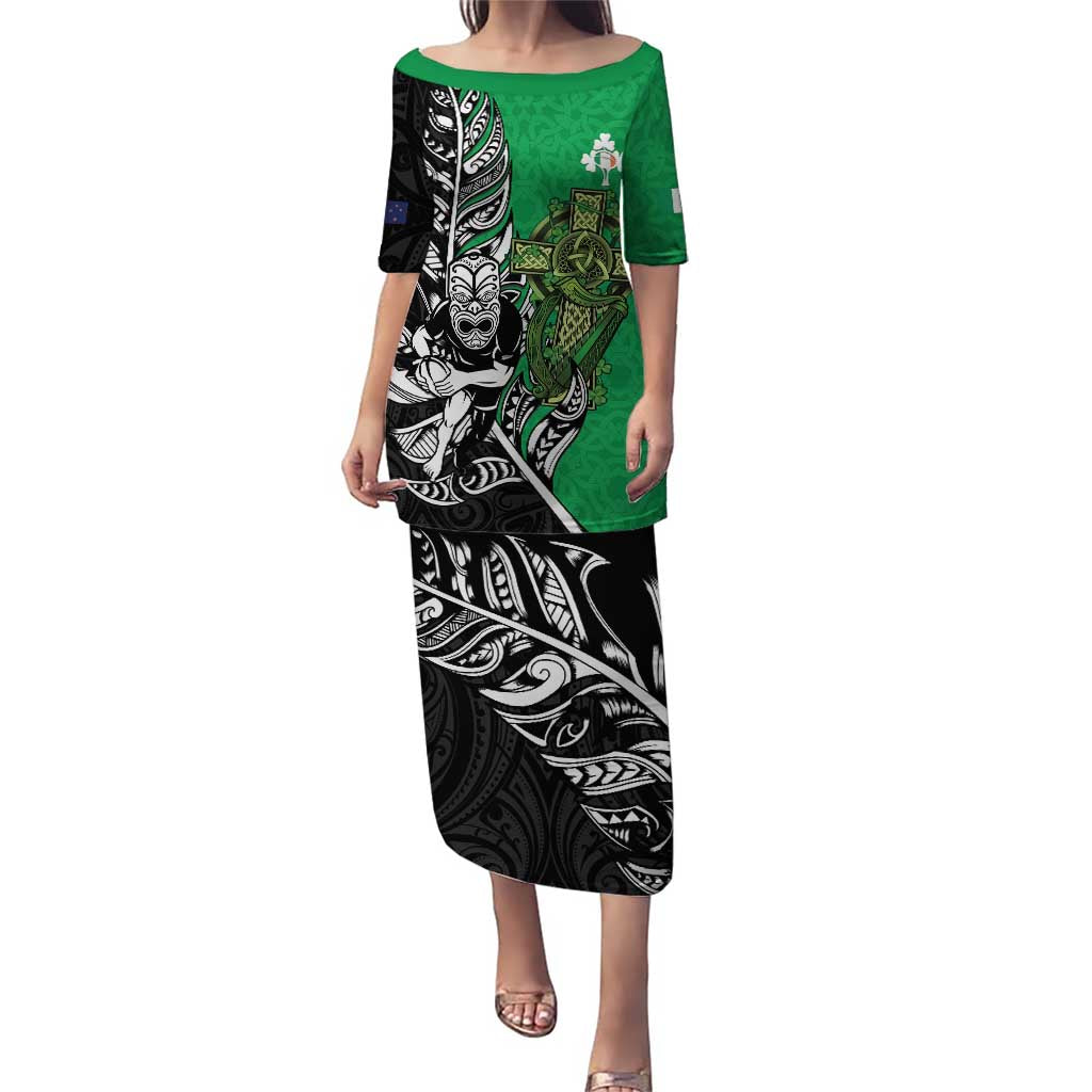 New Zealand and Ireland Rugby Custom Puletasi Maori Tiki Fern Irish Celtic Cross - Polynesian Pride