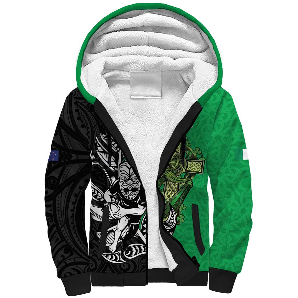 New Zealand and Ireland Rugby Custom Sherpa Hoodie Maori Tiki Fern Irish Celtic Cross - Polynesian Pride