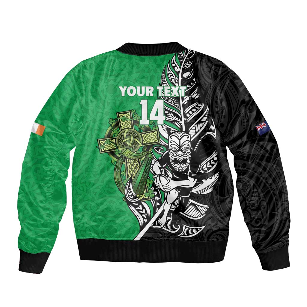 New Zealand and Ireland Rugby Custom Sleeve Zip Bomber Jacket Maori Tiki Fern Irish Celtic Cross - Polynesian Pride