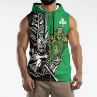 New Zealand and Ireland Rugby Custom Sleeveless Zip Hoodie Maori Tiki Fern Irish Celtic Cross - Polynesian Pride