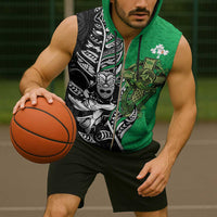 New Zealand and Ireland Rugby Custom Sleeveless Zip Hoodie Maori Tiki Fern Irish Celtic Cross - Polynesian Pride