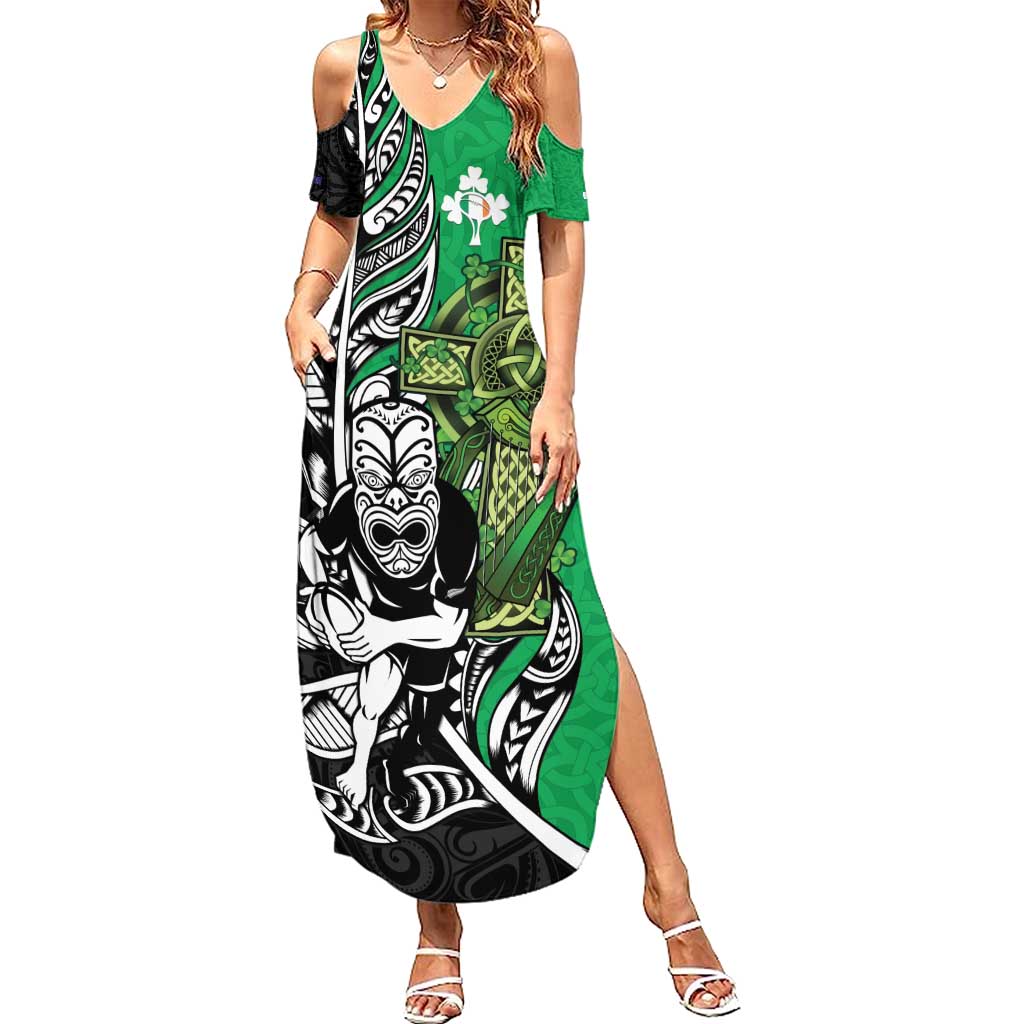 New Zealand and Ireland Rugby Custom Summer Maxi Dress Maori Tiki Fern Irish Celtic Cross - Polynesian Pride