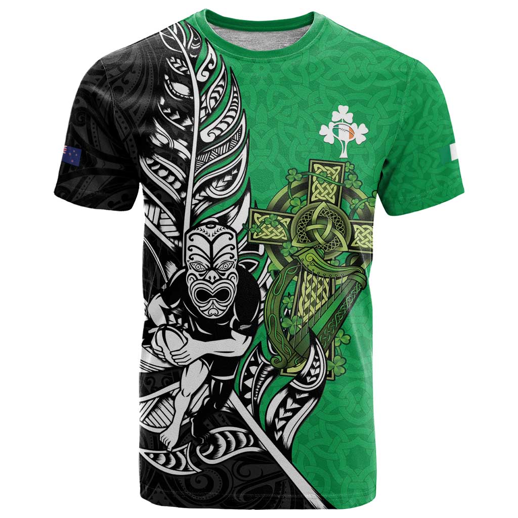 New Zealand and Ireland Rugby Custom T Shirt Maori Tiki Fern Irish Celtic Cross - Polynesian Pride