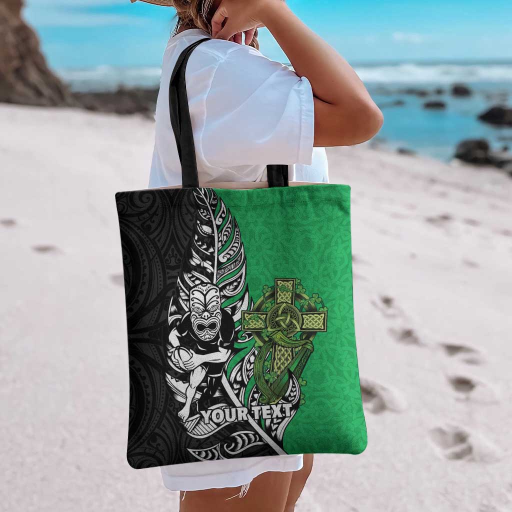 New Zealand and Ireland Rugby Custom Tote Bag Maori Tiki Fern Irish Celtic Cross - Polynesian Pride
