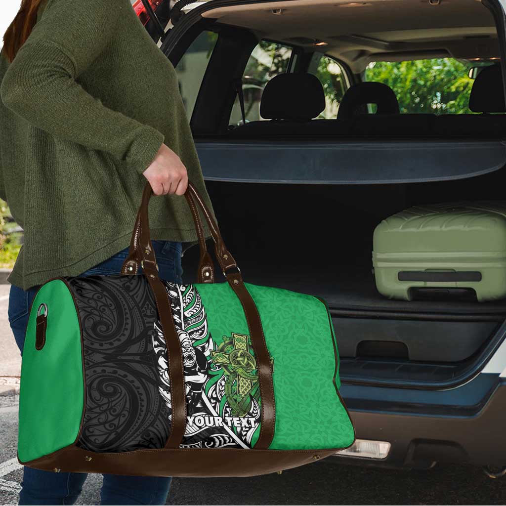 New Zealand and Ireland Rugby Custom Travel Bag Maori Tiki Fern Irish Celtic Cross - Polynesian Pride