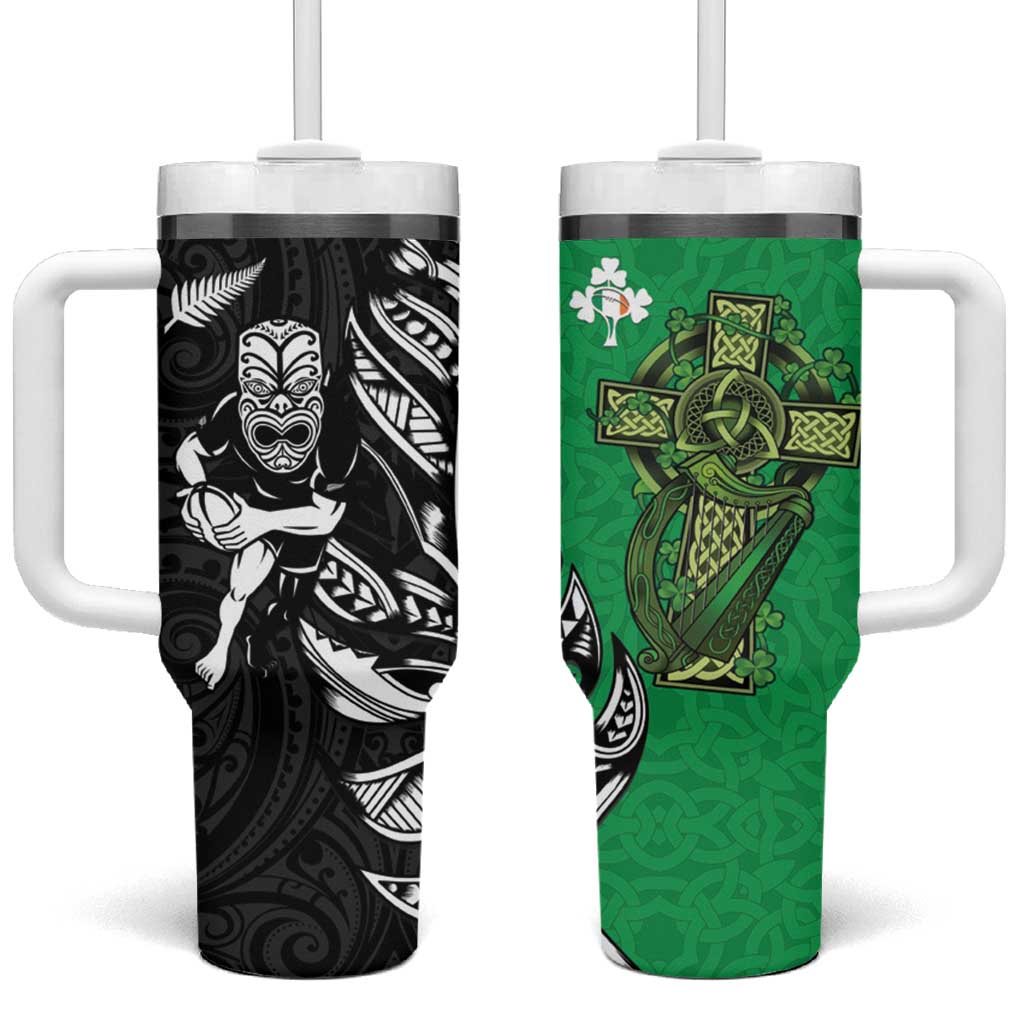 New Zealand and Ireland Rugby Tumbler With Handle Maori Tiki Fern Irish Celtic Cross - Polynesian Pride