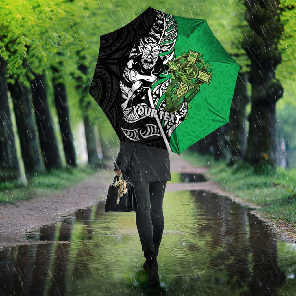 New Zealand and Ireland Rugby Custom Umbrella Maori Tiki Fern Irish Celtic Cross - Polynesian Pride