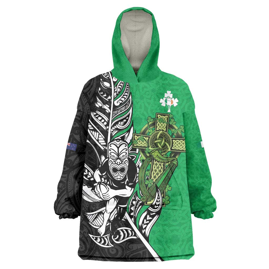 New Zealand and Ireland Rugby Custom Wearable Blanket Hoodie Maori Tiki Fern Irish Celtic Cross - Polynesian Pride