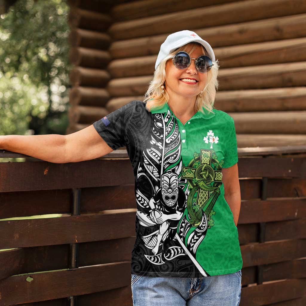New Zealand and Ireland Rugby Custom Women Polo Shirt Maori Tiki Fern Irish Celtic Cross - Polynesian Pride