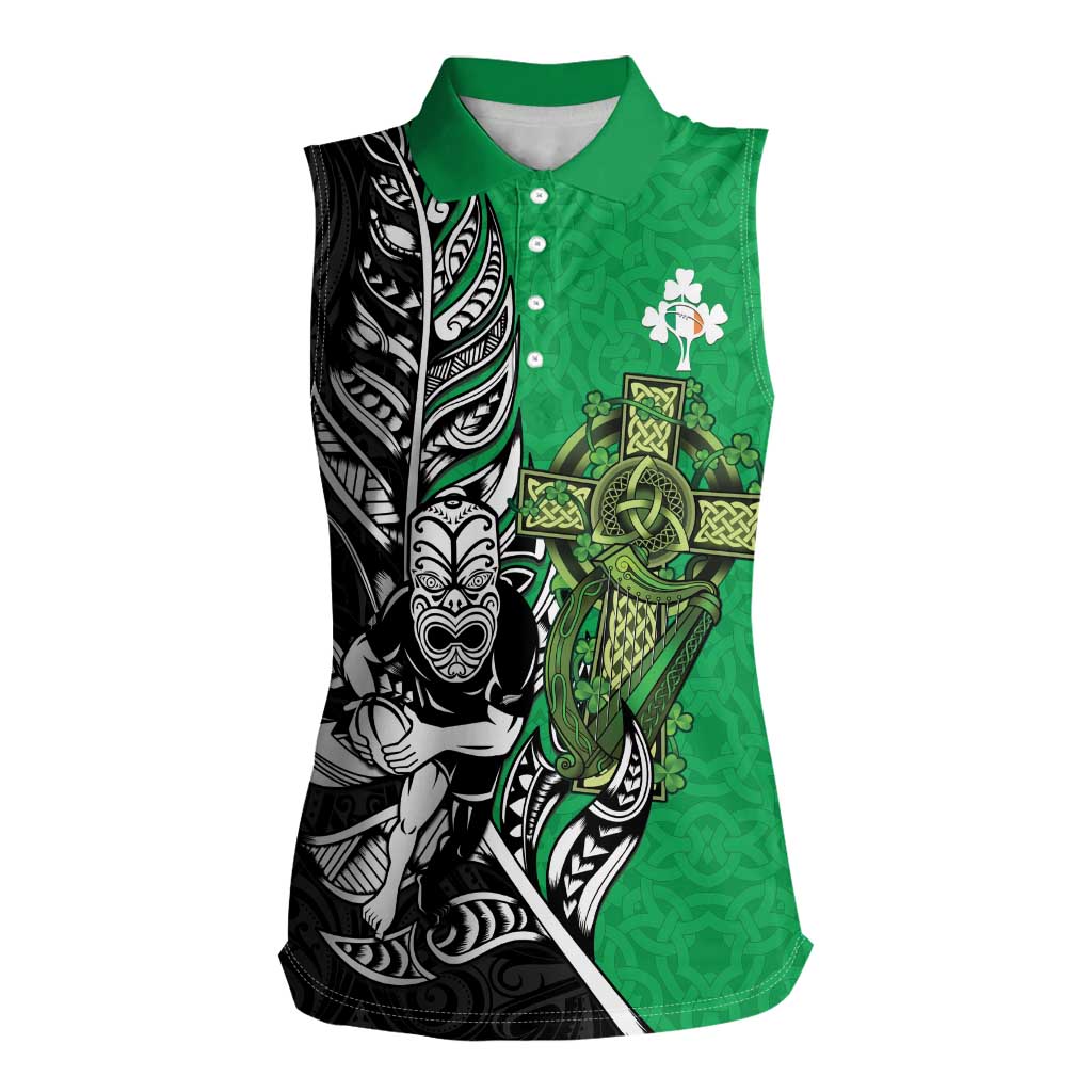 New Zealand and Ireland Rugby Custom Women Sleeveless Polo Shirt Maori Tiki Fern Irish Celtic Cross - Polynesian Pride