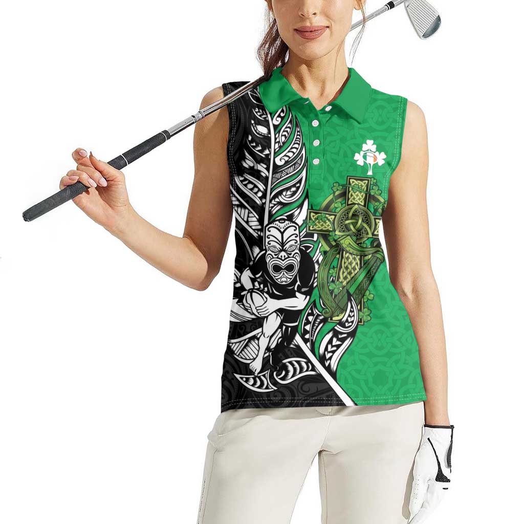 New Zealand and Ireland Rugby Custom Women Sleeveless Polo Shirt Maori Tiki Fern Irish Celtic Cross - Polynesian Pride