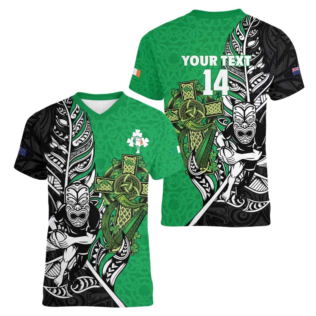 New Zealand and Ireland Rugby Custom Women V-Neck T-Shirt Maori Tiki Fern Irish Celtic Cross - Polynesian Pride