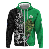 New Zealand and Ireland Rugby Custom Zip Hoodie Maori Tiki Fern Irish Celtic Cross - Polynesian Pride