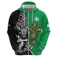 New Zealand and Ireland Rugby Custom Zip Hoodie Maori Tiki Fern Irish Celtic Cross - Polynesian Pride