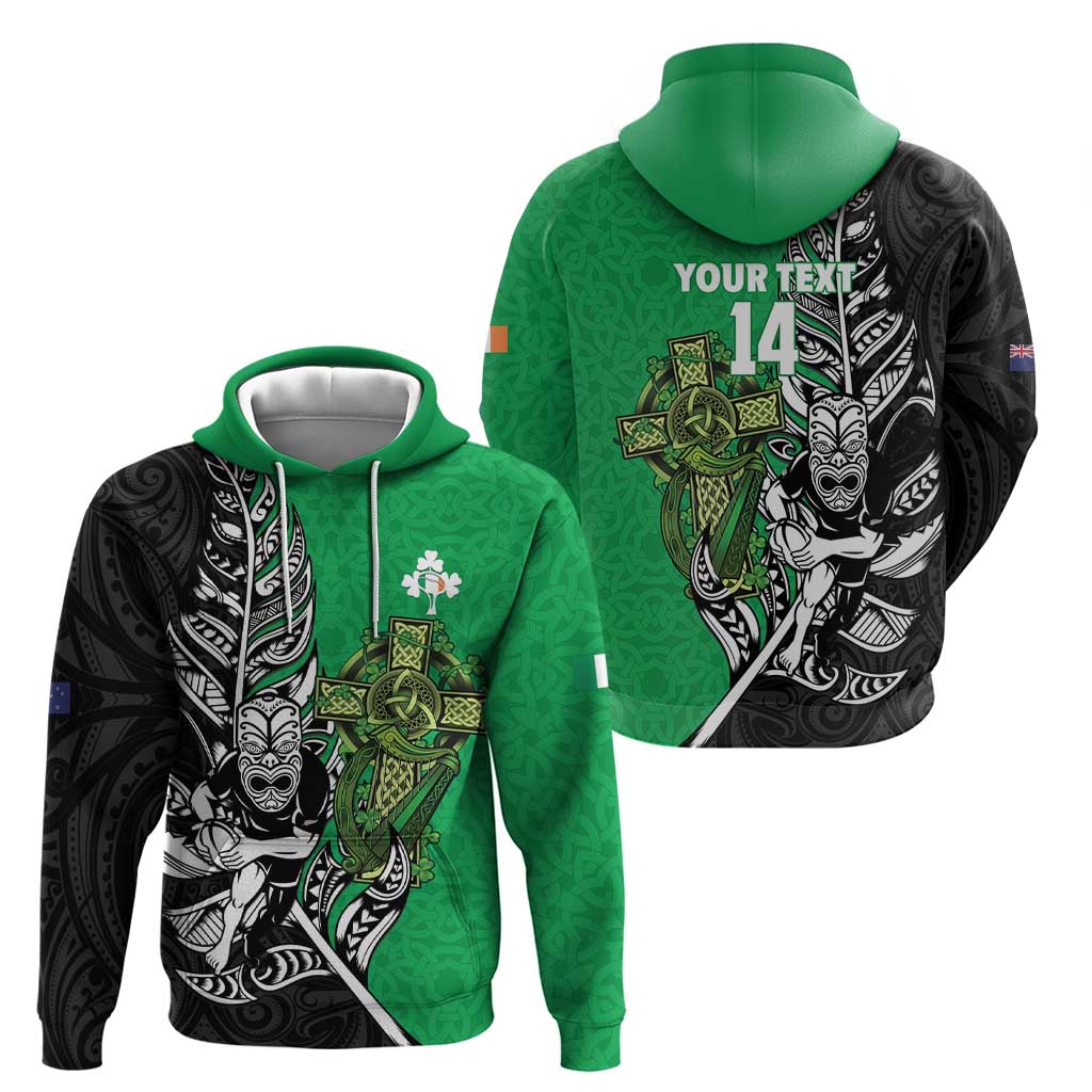 New Zealand and Ireland Rugby Custom Zip Hoodie Maori Tiki Fern Irish Celtic Cross - Polynesian Pride