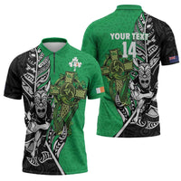New Zealand and Ireland Rugby Custom Zipper Polo Shirt Maori Tiki Fern Irish Celtic Cross - Polynesian Pride