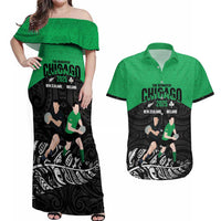 New Zealand and Ireland Rugby Custom Couples Matching Off Shoulder Maxi Dress and Hawaiian Shirt Chicago 2025 Go All Black Shamrocks - Polynesian Pride