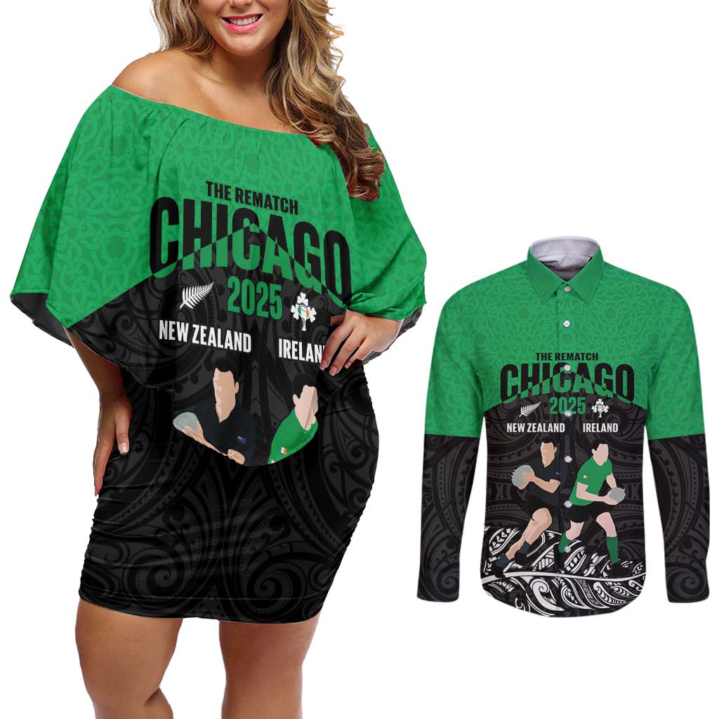 New Zealand and Ireland Rugby Custom Couples Matching Off Shoulder Short Dress and Long Sleeve Button Shirt Chicago 2025 Go All Black Shamrocks - Polynesian Pride