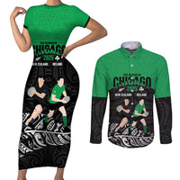 New Zealand and Ireland Rugby Custom Couples Matching Short Sleeve Bodycon Dress and Long Sleeve Button Shirt Chicago 2025 Go All Black Shamrocks - Polynesian Pride