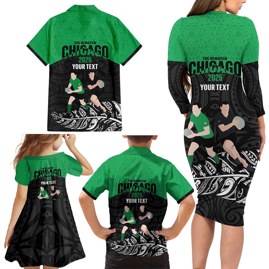 New Zealand and Ireland Rugby Custom Family Matching Long Sleeve Bodycon Dress and Hawaiian Shirt Chicago 2025 Go All Black Shamrocks - Polynesian Pride