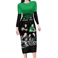 New Zealand and Ireland Rugby Custom Family Matching Long Sleeve Bodycon Dress and Hawaiian Shirt Chicago 2025 Go All Black Shamrocks - Polynesian Pride