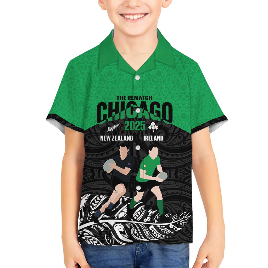 New Zealand and Ireland Rugby Custom Family Matching Long Sleeve Bodycon Dress and Hawaiian Shirt Chicago 2025 Go All Black Shamrocks - Polynesian Pride