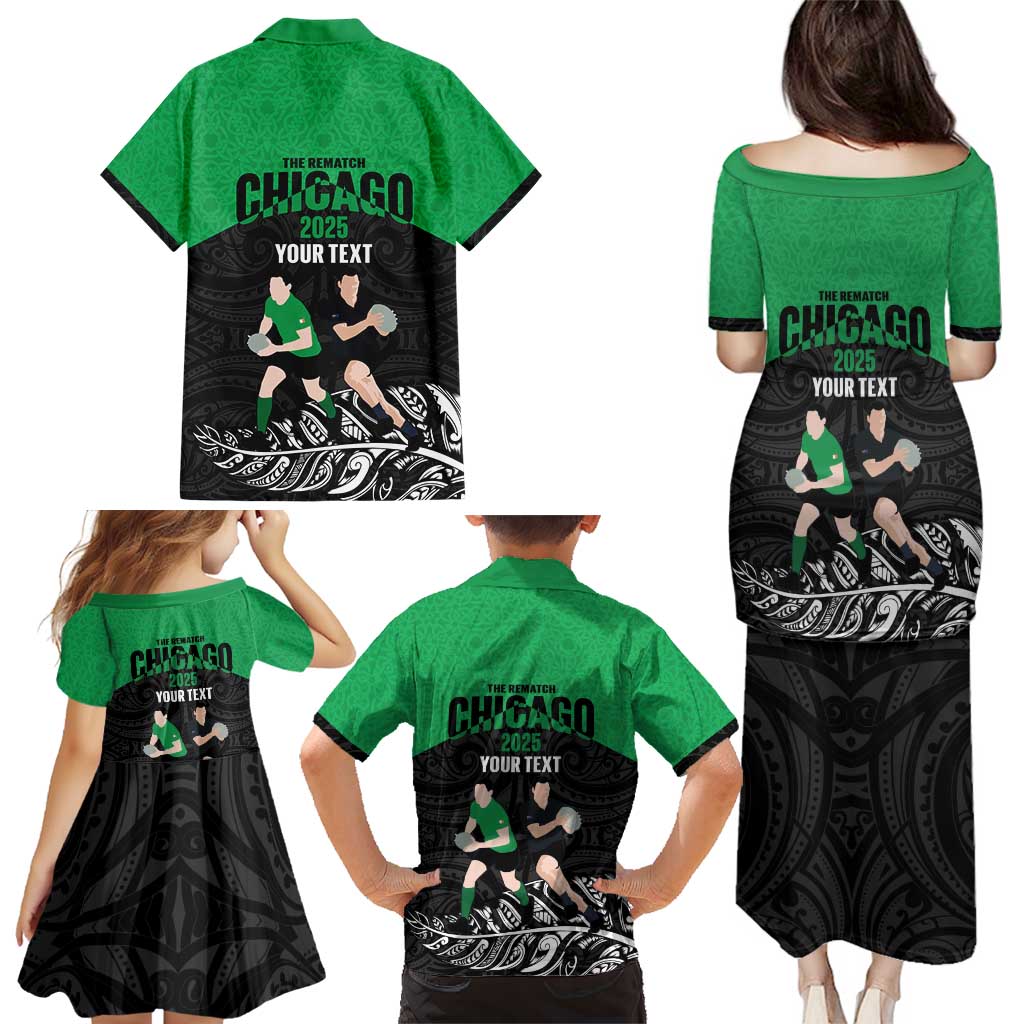 New Zealand and Ireland Rugby Custom Family Matching Puletasi and Hawaiian Shirt Chicago 2025 Go All Black Shamrocks - Polynesian Pride