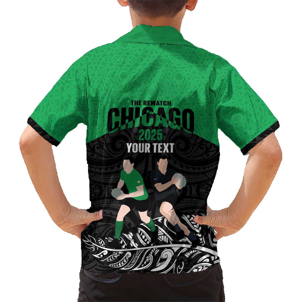 New Zealand and Ireland Rugby Custom Family Matching Short Sleeve Bodycon Dress and Hawaiian Shirt Chicago 2025 Go All Black Shamrocks - Polynesian Pride