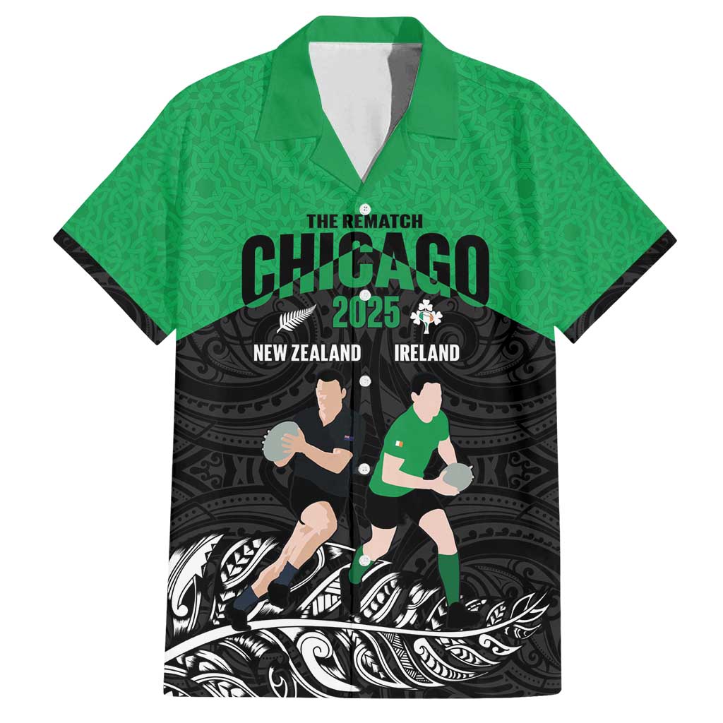 New Zealand and Ireland Rugby Custom Family Matching Tank Maxi Dress and Hawaiian Shirt Chicago 2025 Go All Black Shamrocks - Polynesian Pride