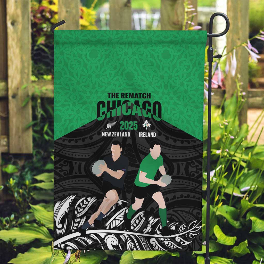 New Zealand and Ireland Rugby Garden Flag Chicago 2025 Go All Black Shamrocks - Polynesian Pride