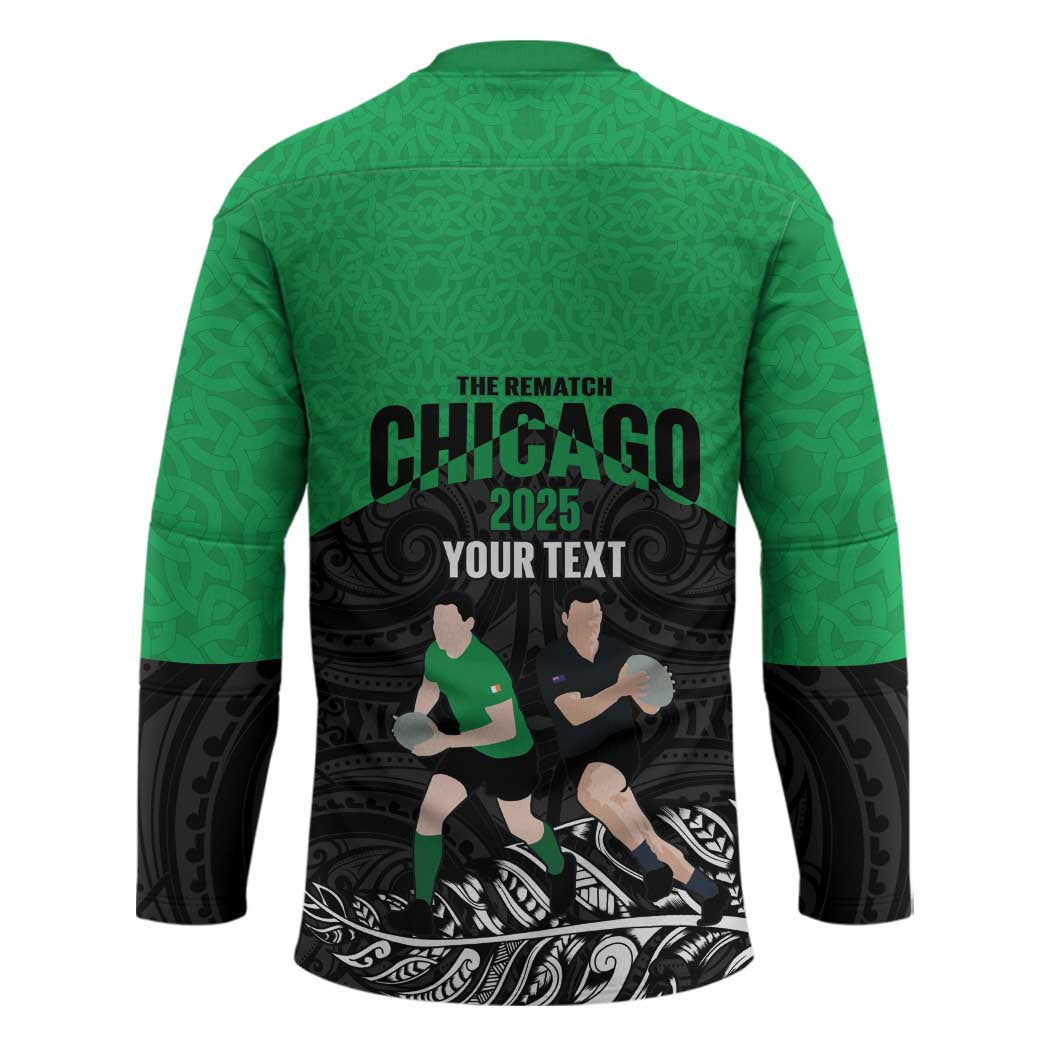 New Zealand and Ireland Rugby Custom Hockey Jersey Chicago 2025 Go All Black Shamrocks - Polynesian Pride
