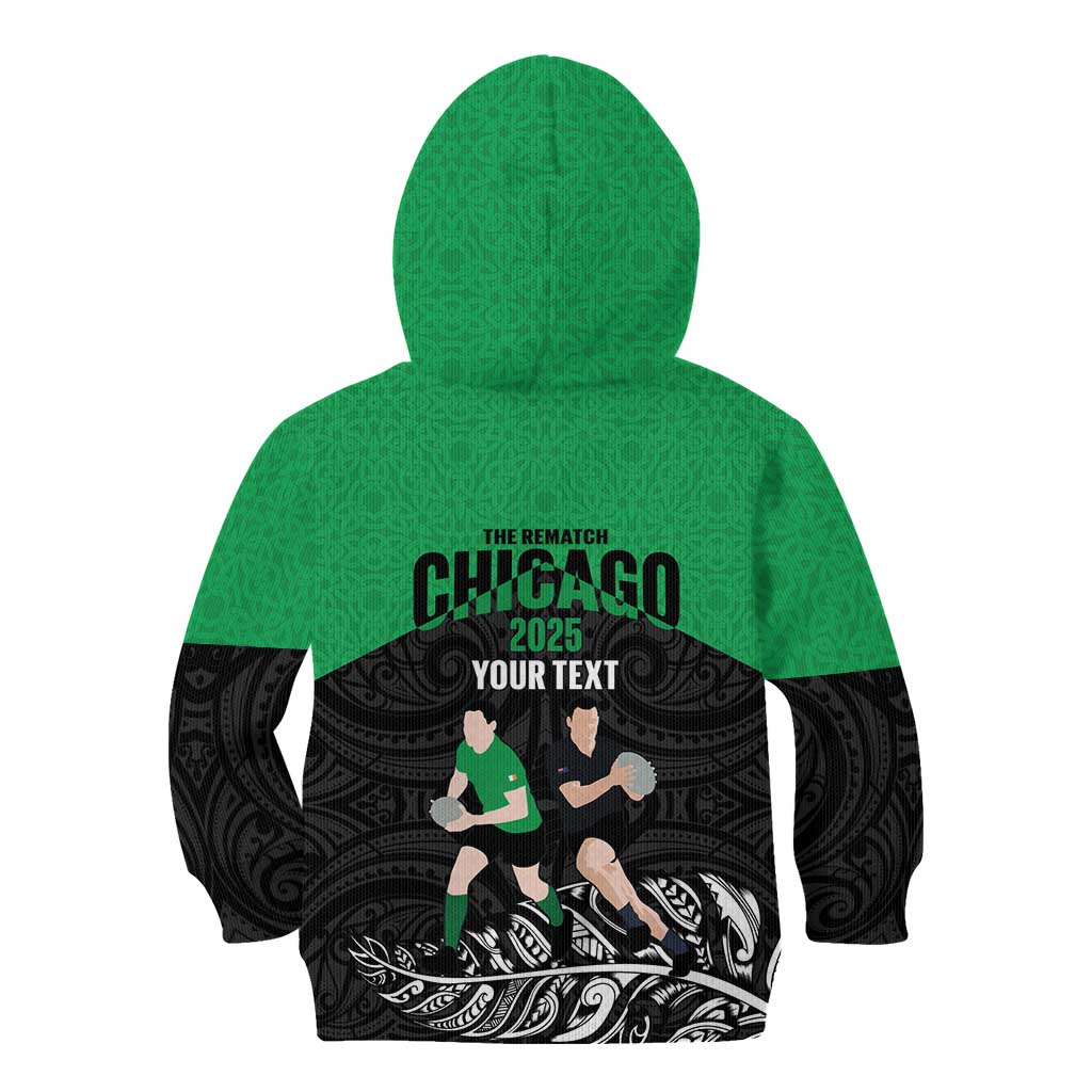 New Zealand and Ireland Rugby Custom Kid Hoodie Chicago 2025 Go All Black Shamrocks - Polynesian Pride