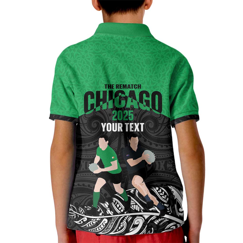 New Zealand and Ireland Rugby Custom Kid Polo Shirt Chicago 2025 Go All Black Shamrocks - Polynesian Pride