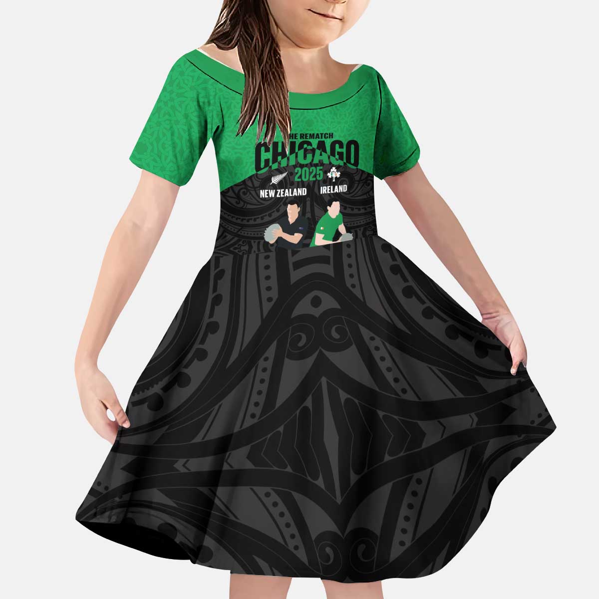 New Zealand and Ireland Rugby Custom Kid Short Sleeve Dress Chicago 2025 Go All Black Shamrocks - Polynesian Pride