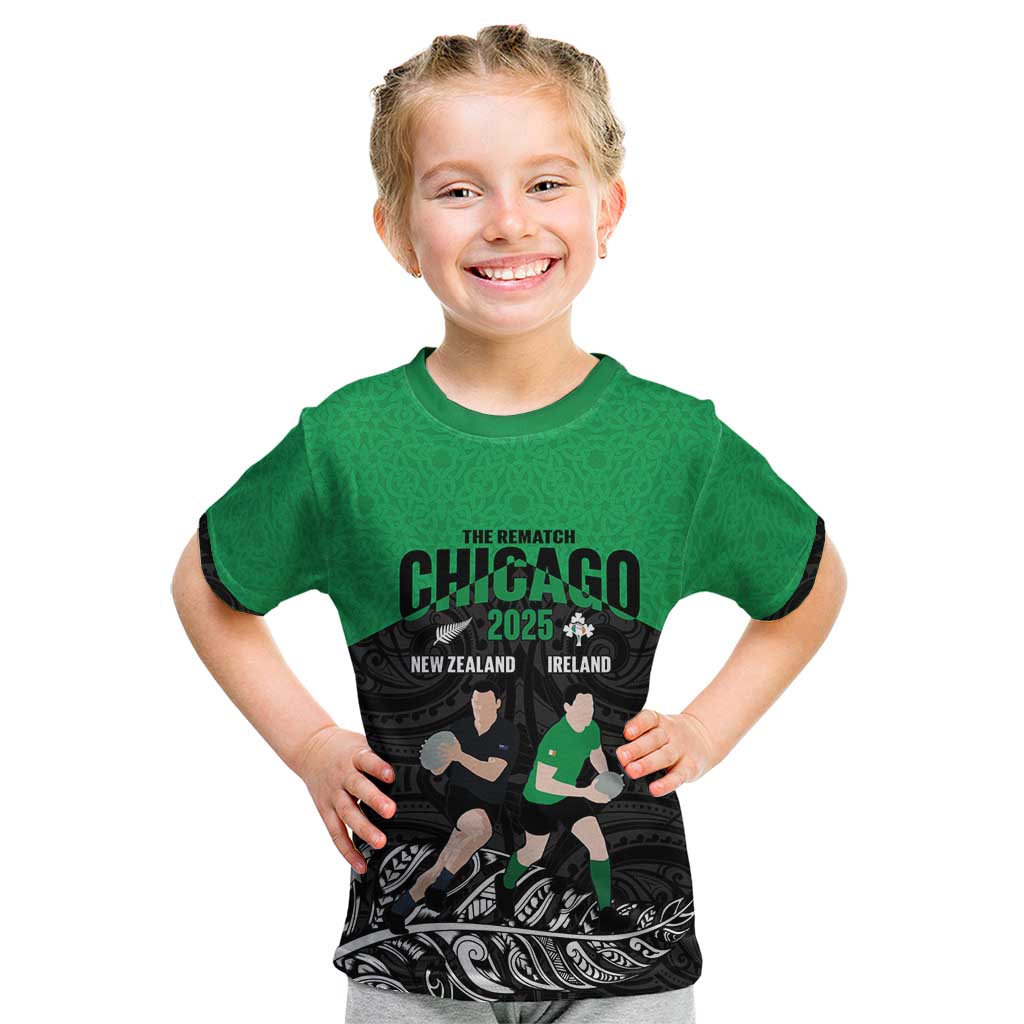 New Zealand and Ireland Rugby Custom Kid T Shirt Chicago 2025 Go All Black Shamrocks - Polynesian Pride