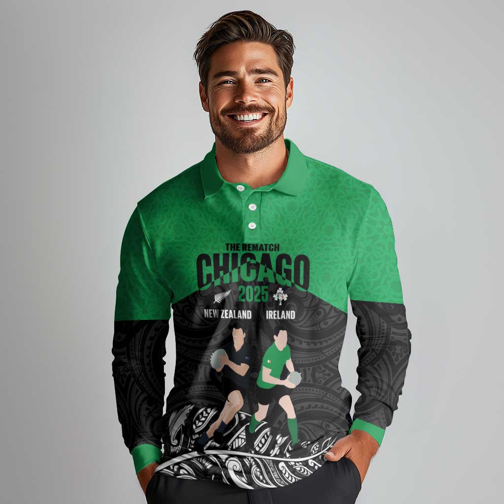 New Zealand and Ireland Rugby Custom Long Sleeve Polo Shirt Chicago 2025 Go All Black Shamrocks - Polynesian Pride
