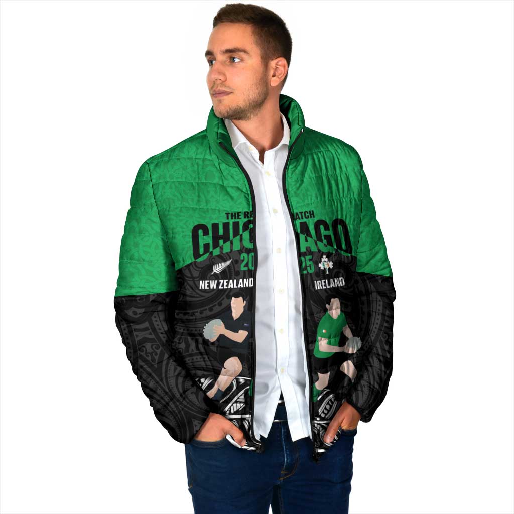 New Zealand and Ireland Rugby Custom Padded Jacket Chicago 2025 Go All Black Shamrocks - Polynesian Pride
